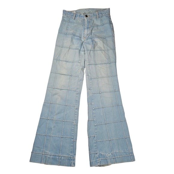 brittania Denim - Brittania Vintage 70s Patchwork Window Pane Bell Bottom Flare Bootcut Jeans XS/S